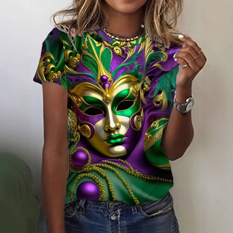 Γυναικείο T-shirt 2025 Crossborder Amazon Europe and America 3d Digital Print Mask Pattern Carnival Ball Crewneck Top