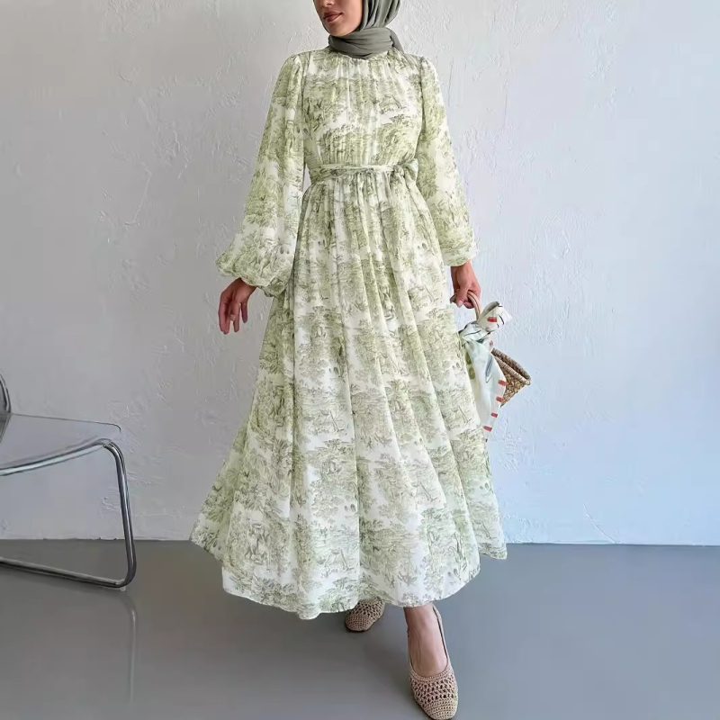 M2932 Amazon Cross Border 2024 Γυναικείο Μακρύ Φόρεμα με Στάμπα Μουσουλμάνων στη Μέση Ανατολή, Κομψό