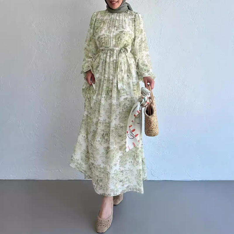 M2932 Amazon Cross Border 2024 Γυναικείο Μακρύ Φόρεμα με Στάμπα Μουσουλμάνων στη Μέση Ανατολή, Κομψό