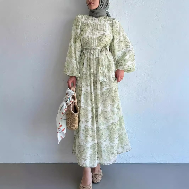 M2932 Amazon Cross Border 2024 Γυναικείο Μακρύ Φόρεμα με Στάμπα Μουσουλμάνων στη Μέση Ανατολή, Κομψό