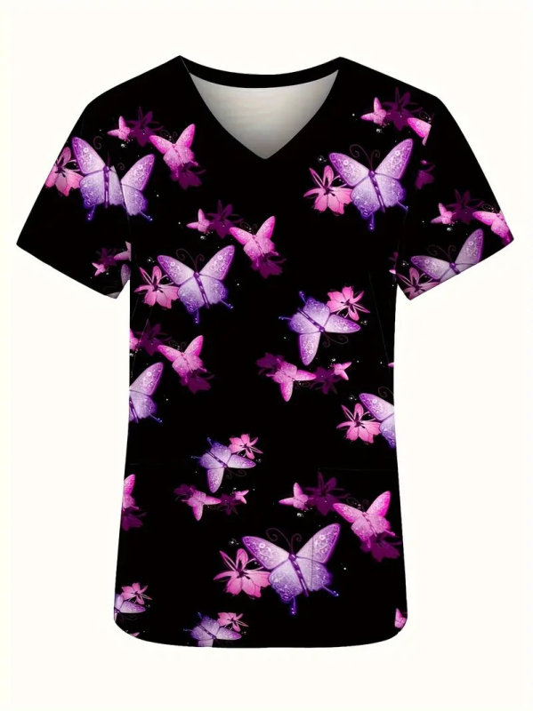 Romantiline roosa liblikas 3D digitaaltrükiga naiste must universaalne V-kaelusega pullover lühikeste varrukatega T-särk imetamisriietus