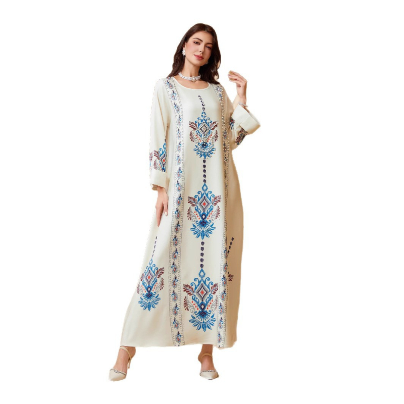 Zd040 Lähis-Ida piiriülese kaubandusega mosleminaiste trükitud hommikumantel Dubai kleit Abaya Amazon kivikestega