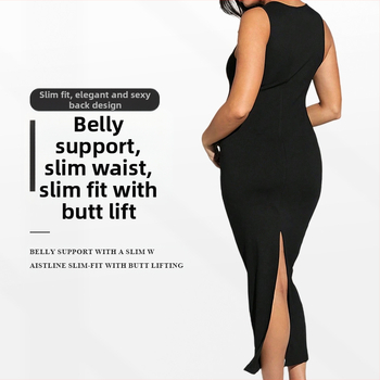 Europietiškas ir amerikietiškas, berankovis, vidutinio ilgio, klubus dengiantis sijonas su plyšiu nugaroje. Plonas megztas, rudens stiliaus, plonas, berankovis nėštukės suknelės modelis.