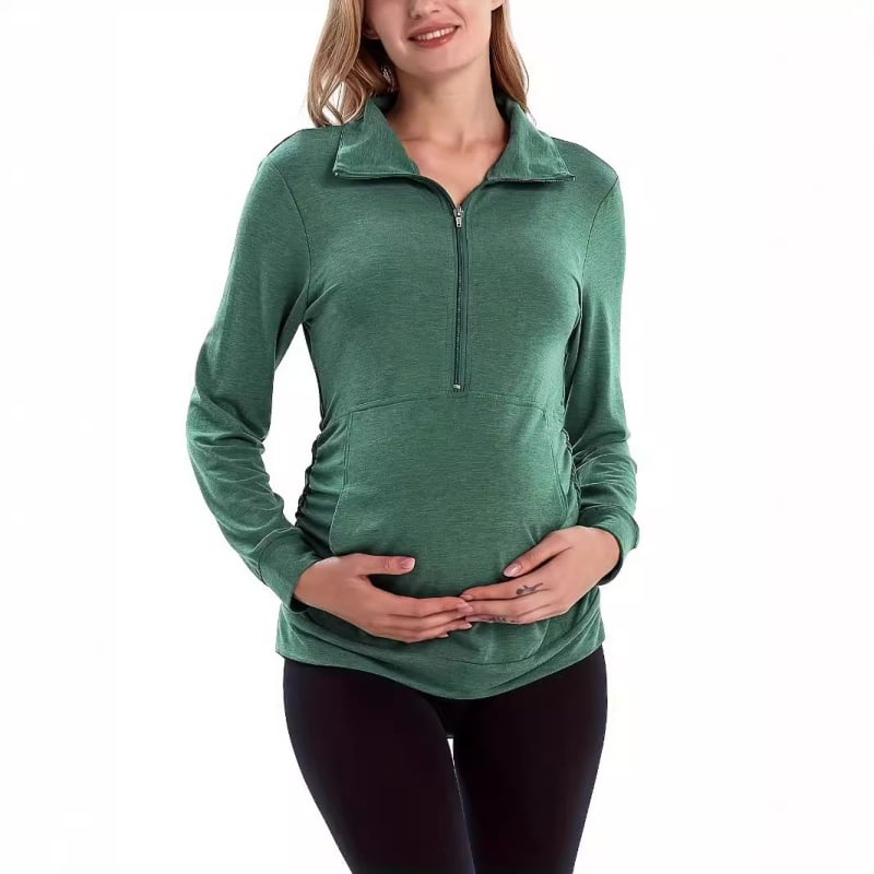 Top pulover cu fermoar pe jumătate și rever în culori solide pentru femei, cu buzunar, pentru maternitate, transfrontalier european și american, Amazon Hot