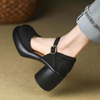 Storapadis prancūziškas Mary Jane mažas odinis batelis moterims 2024 m. pavasariui ir rudeniui su sijonu ir bateliais apvalia nosele, perliniu padu, storu kulnu.