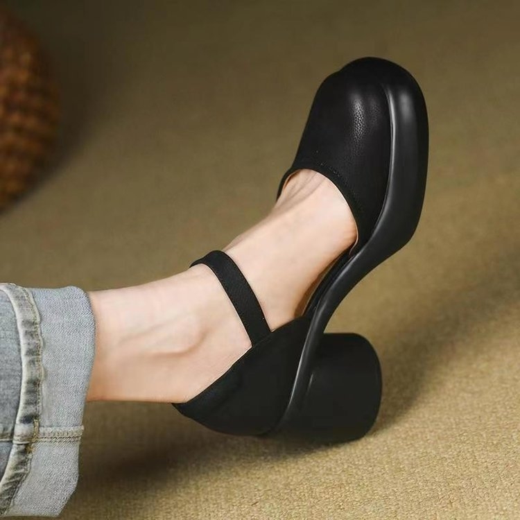 Storapadis prancūziškas Mary Jane mažas odinis batelis moterims 2024 m. pavasariui ir rudeniui su sijonu ir bateliais apvalia nosele, perliniu padu, storu kulnu.