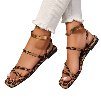 Γυναικεία σανδάλια με ανοιχτά δάχτυλα, τετράγωνα δάχτυλα, λεοπάρ σχέδιο, 2025, νέα γυναικεία σανδάλια, ευρωπαϊκής και αμερικανικής προέλευσης, εξωτερικού εμπορίου, για μεγάλα μεγέθη, με χαμηλό τακούνι.