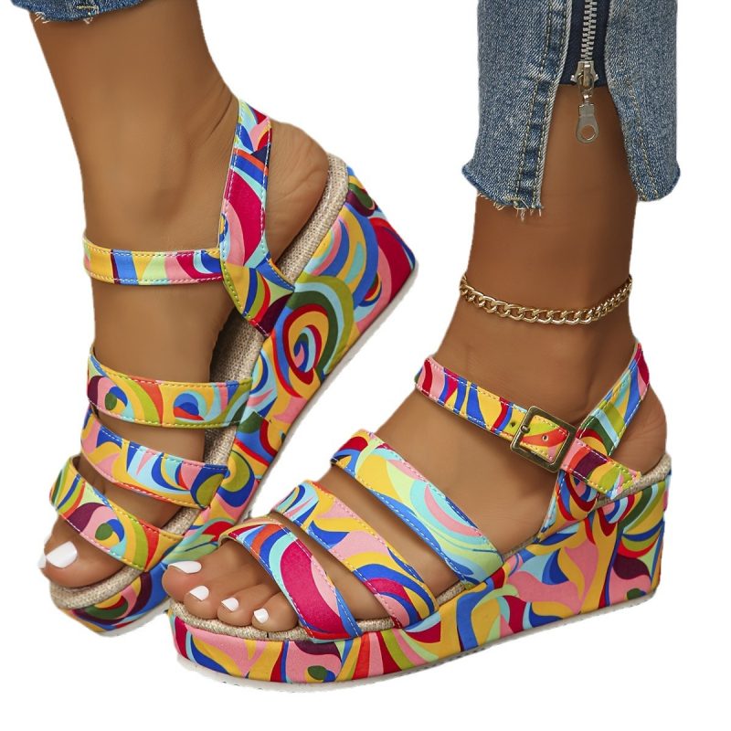 Γυναικεία σανδάλια με πολύχρωμο μοτίβο σύννεφων του 2024, μοντέρνα, ψηλοτάκουνα σανδάλια με χοντρή σόλα και σφήνα, πιο εύκολα για ασορτί, καρό και ρετρό εμφάνιση