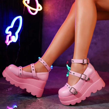 Παπούτσια Demonia με χοντρή σόλα 2024 Νέα Original Girlish Pink Rivet Buckle Wedge Flats Γυναικεία Υποκουλτούρα Γυναικεία Παπούτσια