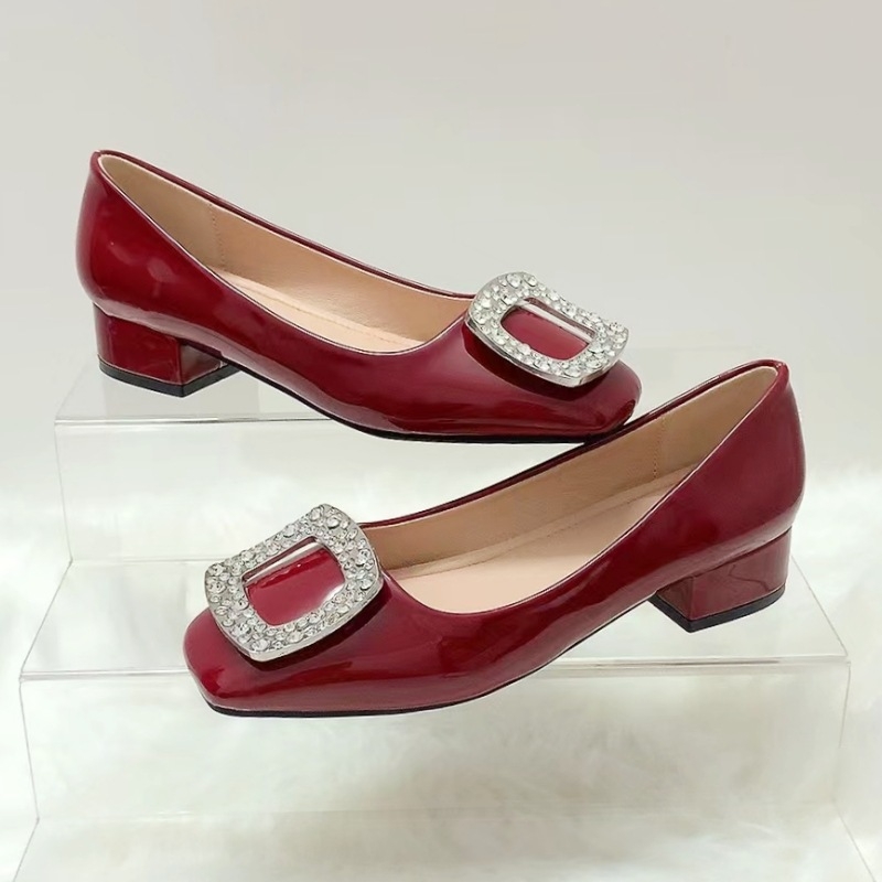 Μονά παπούτσια με τετράγωνη μύτη και μεσαίο τακούνι, ανοιξιάτικα, νέα στυλ γυναικεία παπούτσια 2024, ευέλικτα, ελαφριά ανοίγματα, μαλακό δέρμα, άνετα, χοντρά τακούνια, κόκκινα νυφικά παπούτσια