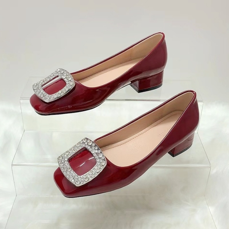 Μονά παπούτσια με τετράγωνη μύτη και μεσαίο τακούνι, ανοιξιάτικα, νέα στυλ γυναικεία παπούτσια 2024, ευέλικτα, ελαφριά ανοίγματα, μαλακό δέρμα, άνετα, χοντρά τακούνια, κόκκινα νυφικά παπούτσια
