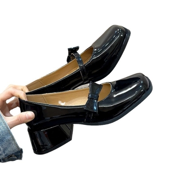 Tavaszi és nyári, négy évszakos női cipők, európai és amerikai vastag sarkú, egyszínű, francia szögletes orrú, Mary Jane római csattal, masnival díszített cipők