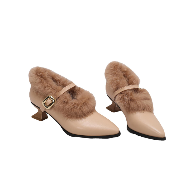 Külkereskedelmi divatos utazási öv, középsarkú cipő, Mao Mao, nagy méretű cipők, női cipők, hegyes sarkú, Amazon 4048, barackszínű, fekete