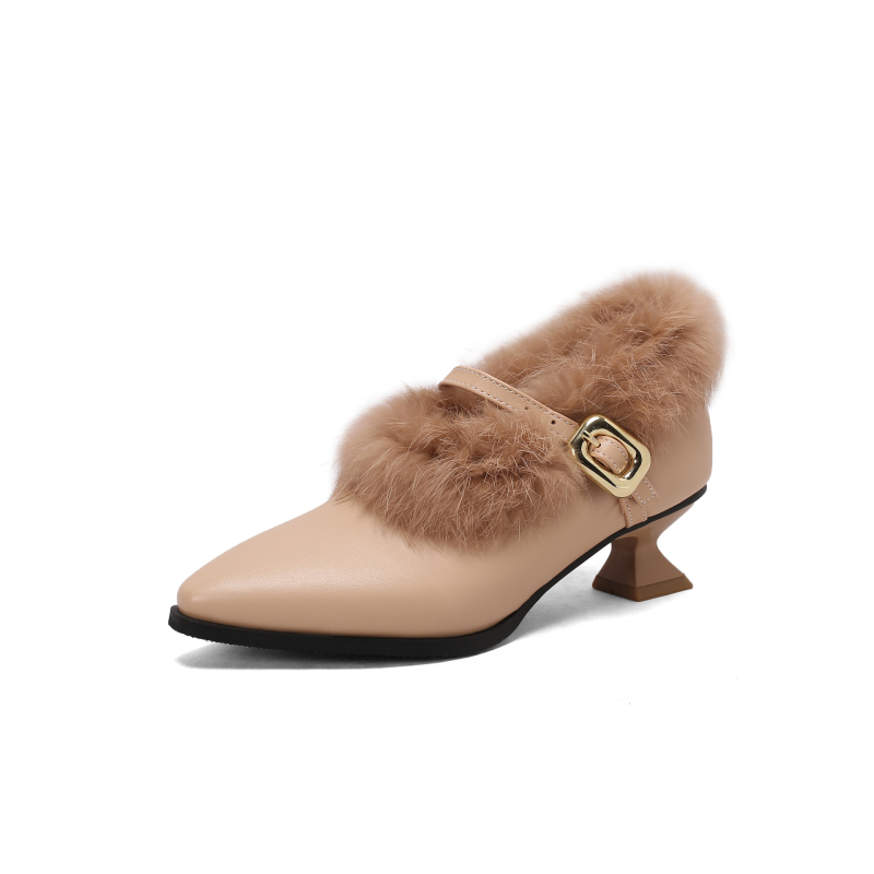 Külkereskedelmi divatos utazási öv, középsarkú cipő, Mao Mao, nagy méretű cipők, női cipők, hegyes sarkú, Amazon 4048, barackszínű, fekete