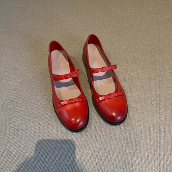 Raktáron lévő verzió~ Retro piros Mary Jane cipő sekély kerek orrú és vastag sarokkal, női masni csomós, iskolai stílusú, kis bőrcipő