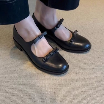 Raktáron lévő verzió~ Retro piros Mary Jane cipő sekély kerek orrú és vastag sarokkal, női masni csomós, iskolai stílusú, kis bőrcipő