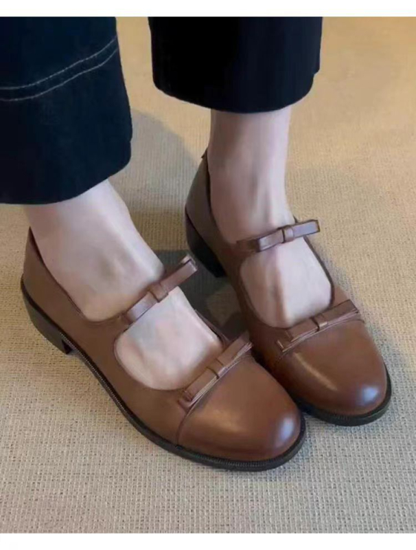 Raktáron lévő verzió~ Retro piros Mary Jane cipő sekély kerek orrú és vastag sarokkal, női masni csomós, iskolai stílusú, kis bőrcipő