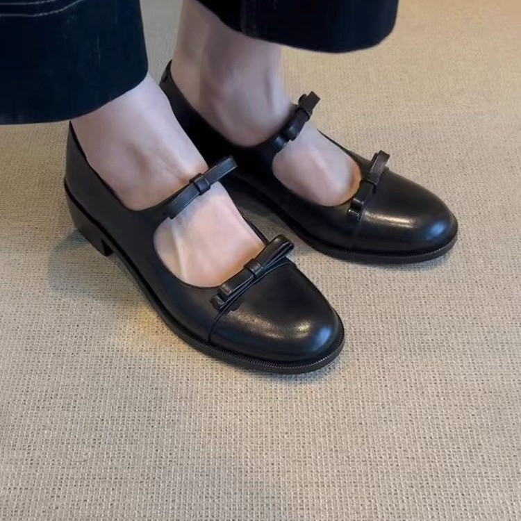 Raktáron lévő verzió~ Retro piros Mary Jane cipő sekély kerek orrú és vastag sarokkal, női masni csomós, iskolai stílusú, kis bőrcipő