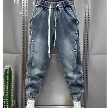 Vintage mosott kék farmer férfi 2024 nyári divatos márkás bő szabású háremnadrág érett csattal ellátott hétköznapi nadrág