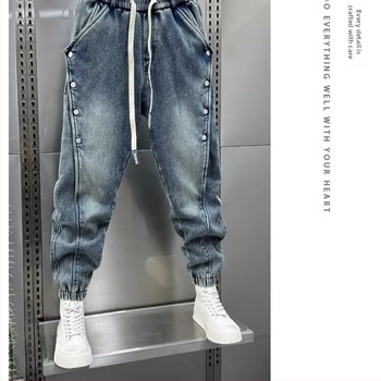 Vintage mosott kék farmer férfi 2024 nyári divatos márkás bő szabású háremnadrág érett csattal ellátott hétköznapi nadrág