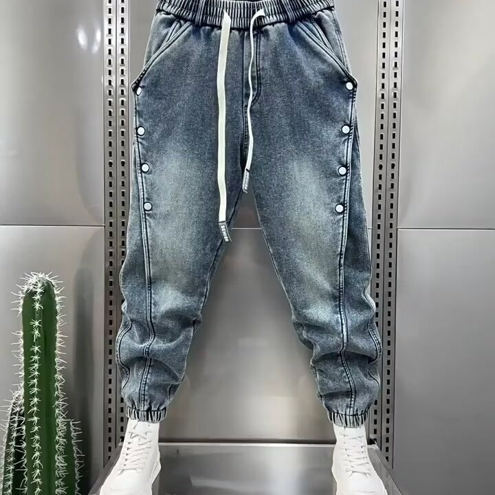 Vintage mosott kék farmer férfi 2024 nyári divatos márkás bő szabású háremnadrág érett csattal ellátott hétköznapi nadrág