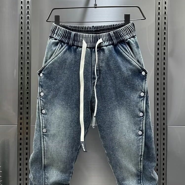Vintage mosott kék farmer férfi 2024 nyári divatos márkás bő szabású háremnadrág érett csattal ellátott hétköznapi nadrág