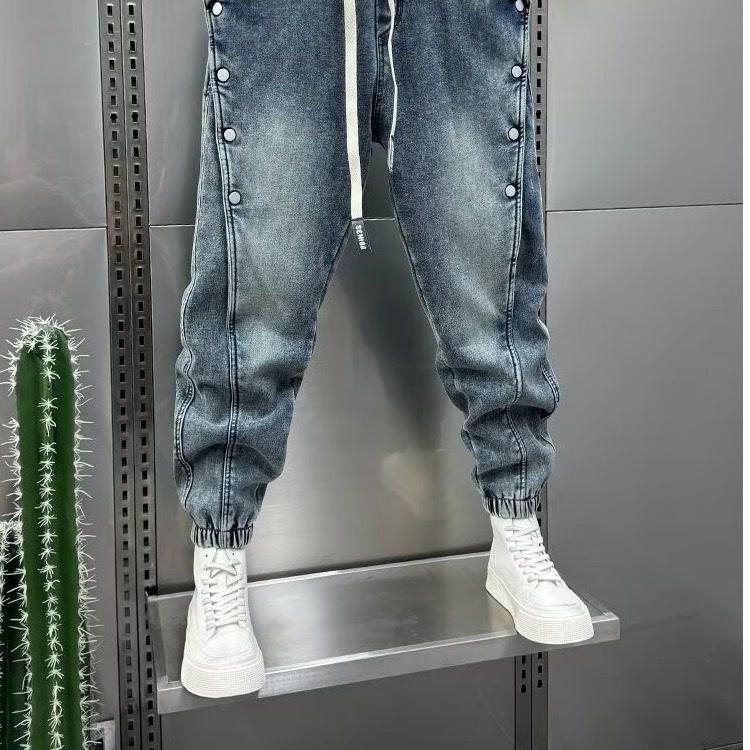 Vintage mosott kék farmer férfi 2024 nyári divatos márkás bő szabású háremnadrág érett csattal ellátott hétköznapi nadrág