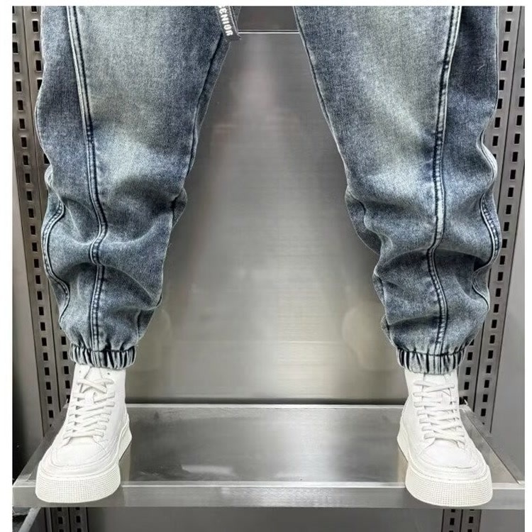 Vintage mosott kék farmer férfi 2024 nyári divatos márkás bő szabású háremnadrág érett csattal ellátott hétköznapi nadrág