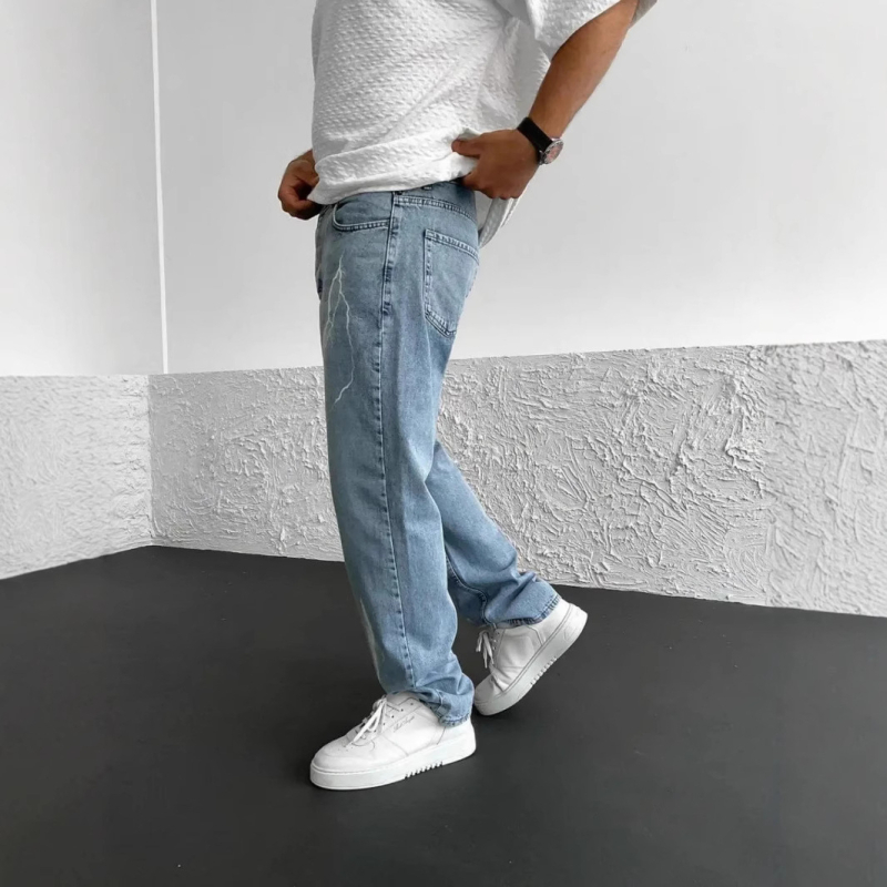 Νέο απλό ανδρικό παντελόνι σε ίσια γραμμή, τυπωμένο μονόχρωμο, χαλαρό, όμορφο τζιν παντελόνι με φαρδιά μπατζάκια