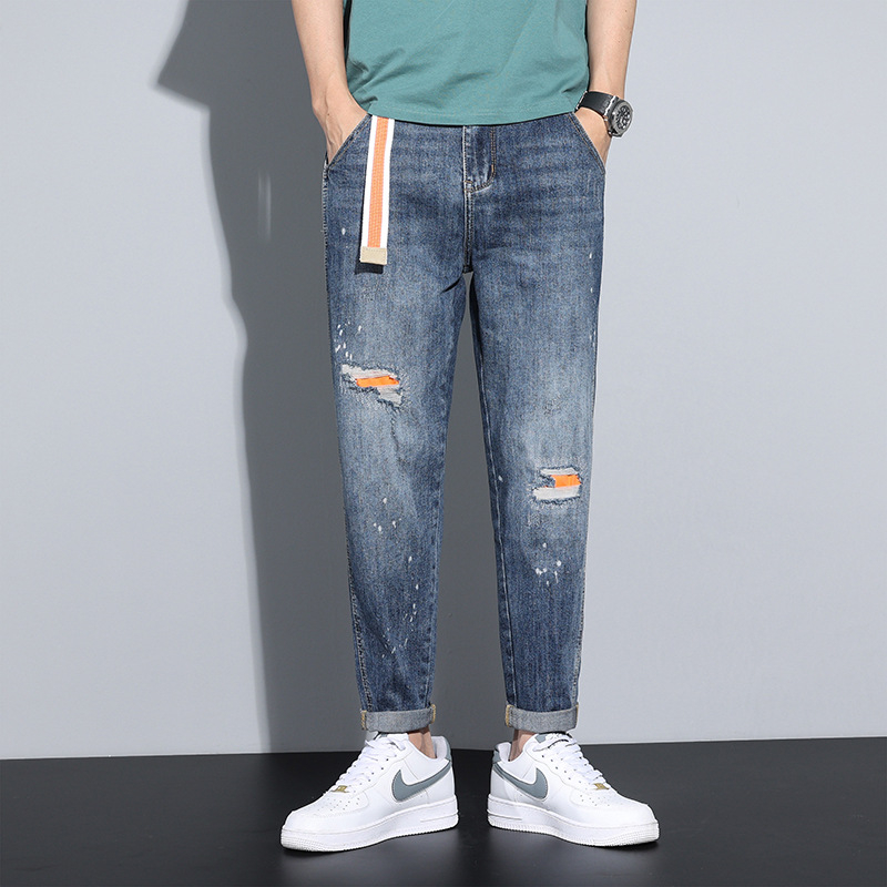 Tavaszi és őszi, szakadt foltos, rózsaszín farmer, férfi tavaszi és őszi, amerikai stílusú, retró, bő, szűkülő hosszú nadrág