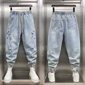 Jinbukang tavaszi és nyári új férfi jellegzetes Harlan farmernadrág divatos, trendi, márkás varrással, háromdimenziós szabású, laza szárú nadrág