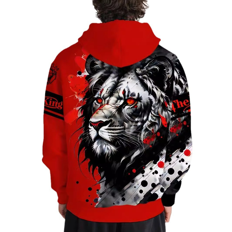 „Temu CrossBorder“ pavasario ir rudens išpardavimas – naujas 3D skaitmeninis kraujo raudonojo tigro rašto vyriškas madingas laisvalaikio megztinis su gobtuvu.