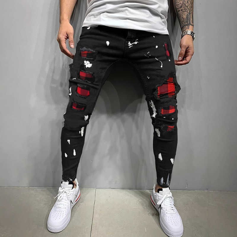 Wish Eiropas un Amerikas jaunās vīriešu pieguļošās plēstās bikses, jaunas vīriešu Paint Patch džinsa bikses