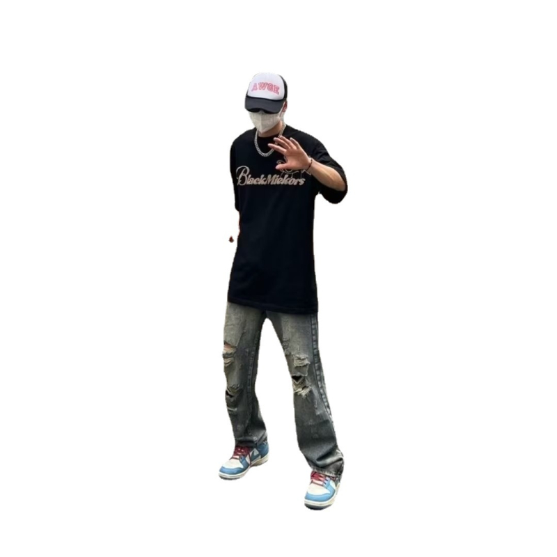 Retro mosott, régi, szakadt férfi farmer, Tide márkájú, egyenes csőnadrág, egy generációnyi haj