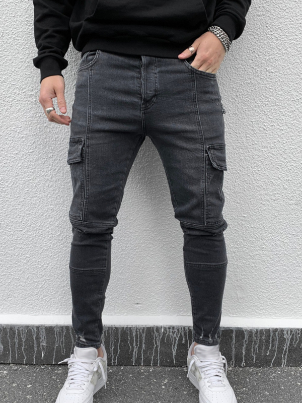 Férfi fekete, utcai divatmárkás, farmerből készült, zsebes, vékony, rugalmas farmernadrág