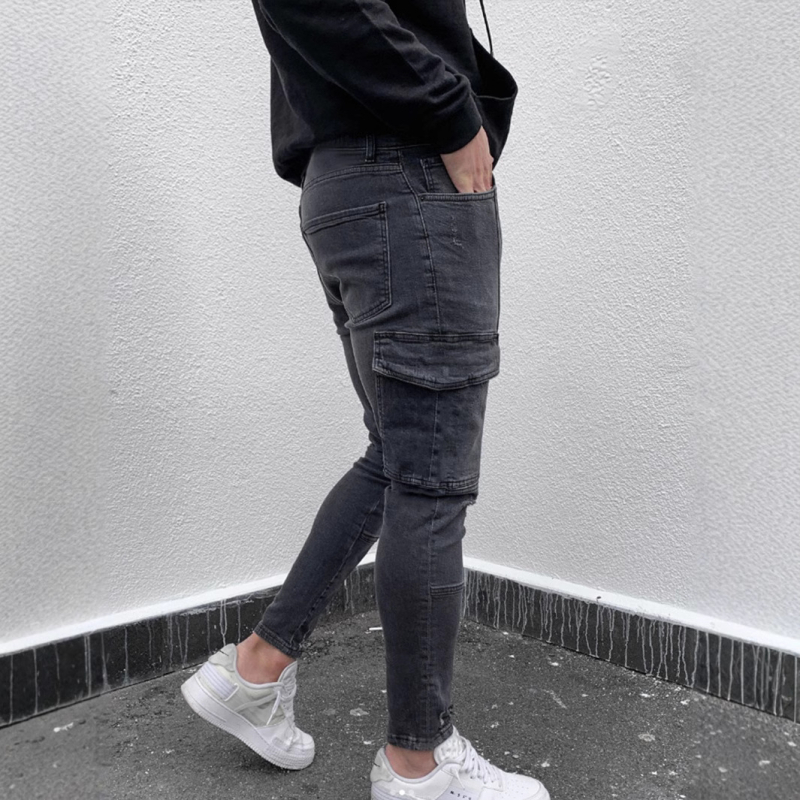 Férfi fekete, utcai divatmárkás, farmerből készült, zsebes, vékony, rugalmas farmernadrág