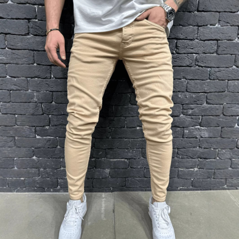 Európai és amerikai férfi új, egyszerű, szakadt ingázó farmernadrág, karcsúsított, kis szárú, divatos, jóképű farmer