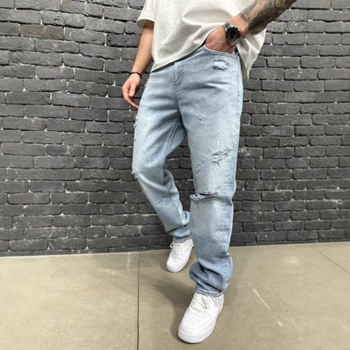 Férfi egyszerű, mosott, világoskék, bő, egyenes szárú, szaggatott, csinos, farmernadrág