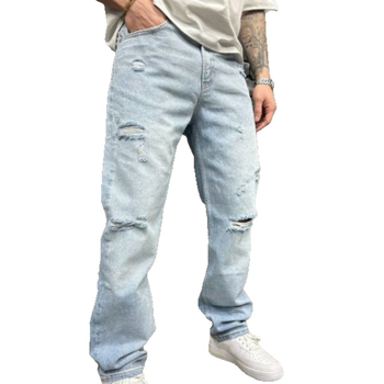 Férfi egyszerű, mosott, világoskék, bő, egyenes szárú, szaggatott, csinos, farmernadrág
