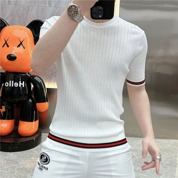 Ugyanaz a stílus 2025 nyári vékony jacquard férfi kötött ing, rövid ujjú, divatos, magas szárú, elasztikus, egyszínű testhezálló póló