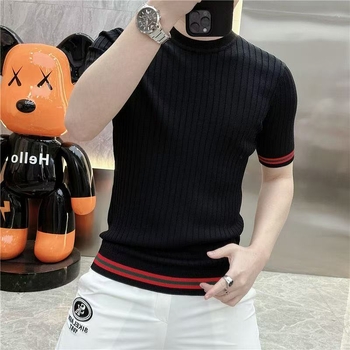 Ugyanaz a stílus 2025 nyári vékony jacquard férfi kötött ing, rövid ujjú, divatos, magas szárú, elasztikus, egyszínű testhezálló póló