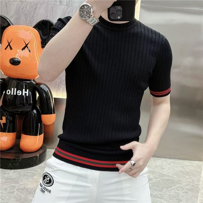 Ugyanaz a stílus 2025 nyári vékony jacquard férfi kötött ing, rövid ujjú, divatos, magas szárú, elasztikus, egyszínű testhezálló póló