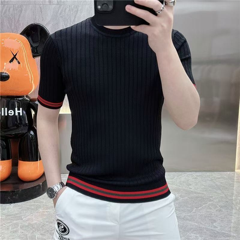 Ugyanaz a stílus 2025 nyári vékony jacquard férfi kötött ing, rövid ujjú, divatos, magas szárú, elasztikus, egyszínű testhezálló póló