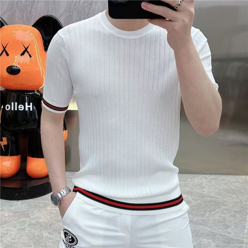 Ugyanaz a stílus 2025 nyári vékony jacquard férfi kötött ing, rövid ujjú, divatos, magas szárú, elasztikus, egyszínű testhezálló póló