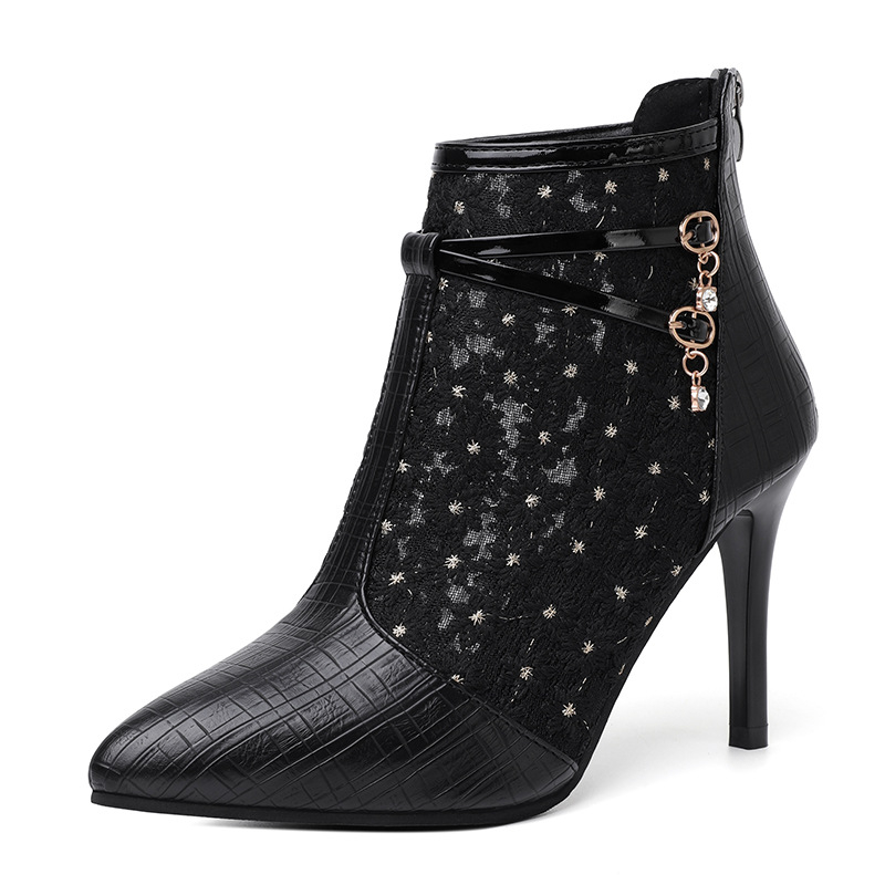 Női hálós szandálok, plus size, nyári, hegyes orrú, hímzett, virágos, vékony sarok, magas sarkú, üreges hálós csizma, hátsó cipzáras szandál