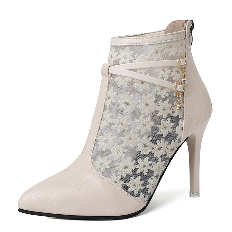 Női hálós szandálok, plus size, nyári, hegyes orrú, hímzett, virágos, vékony sarok, magas sarkú, üreges hálós csizma, hátsó cipzáras szandál