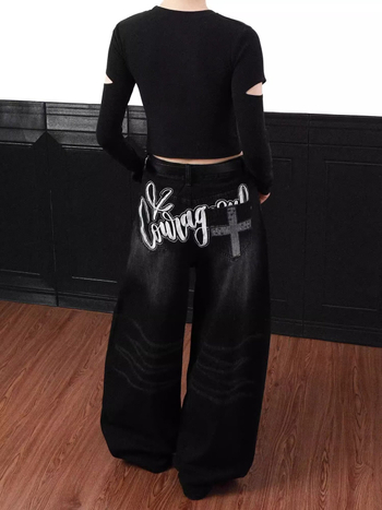 American Retro fekete, régi mintás Machete farmer, női 2025 tavaszi új, laza, karcsúsító, bő szárú nadrág