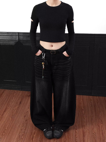 American Retro fekete, régi mintás Machete farmer, női 2025 tavaszi új, laza, karcsúsító, bő szárú nadrág