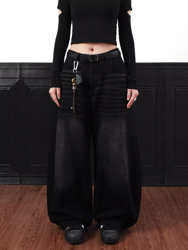 American Retro fekete, régi mintás Machete farmer, női 2025 tavaszi új, laza, karcsúsító, bő szárú nadrág