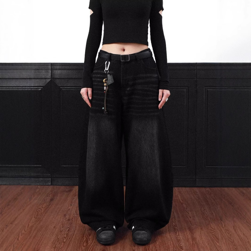 American Retro fekete, régi mintás Machete farmer, női 2025 tavaszi új, laza, karcsúsító, bő szárú nadrág